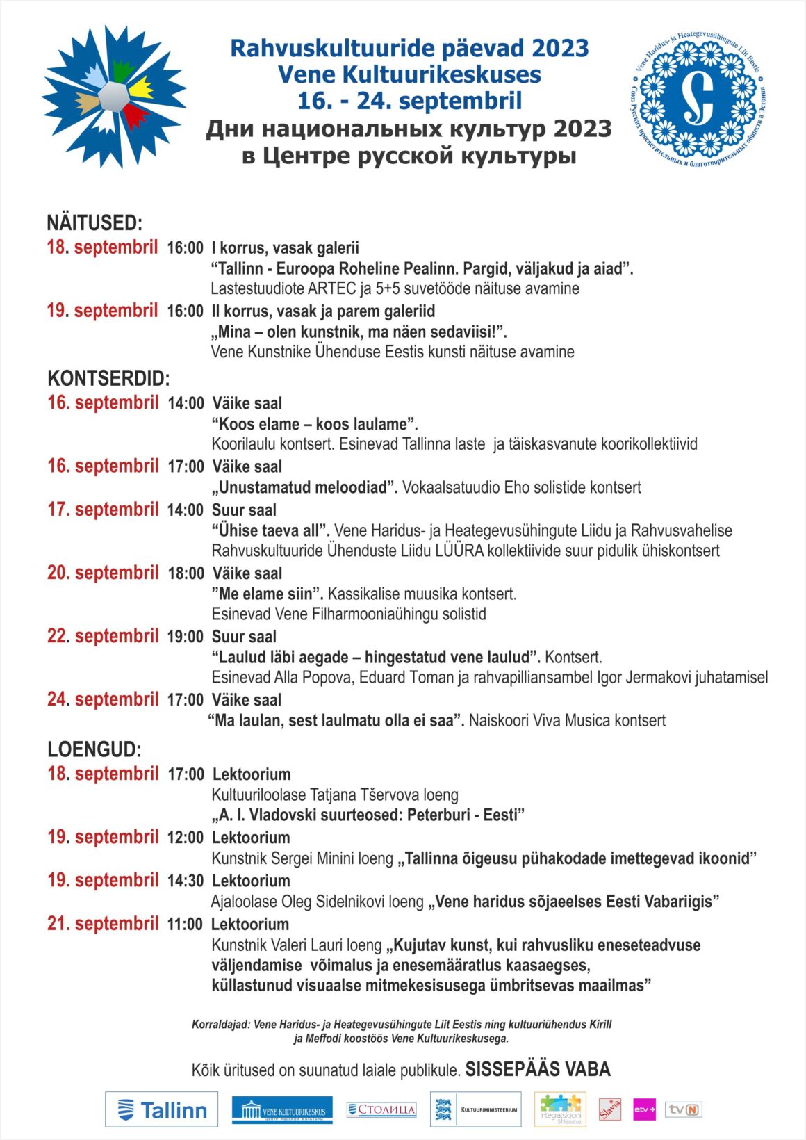 16. – 24.09.23 – Rahvuskultuuride päevad 2023 Vene Kultuurikeskuses